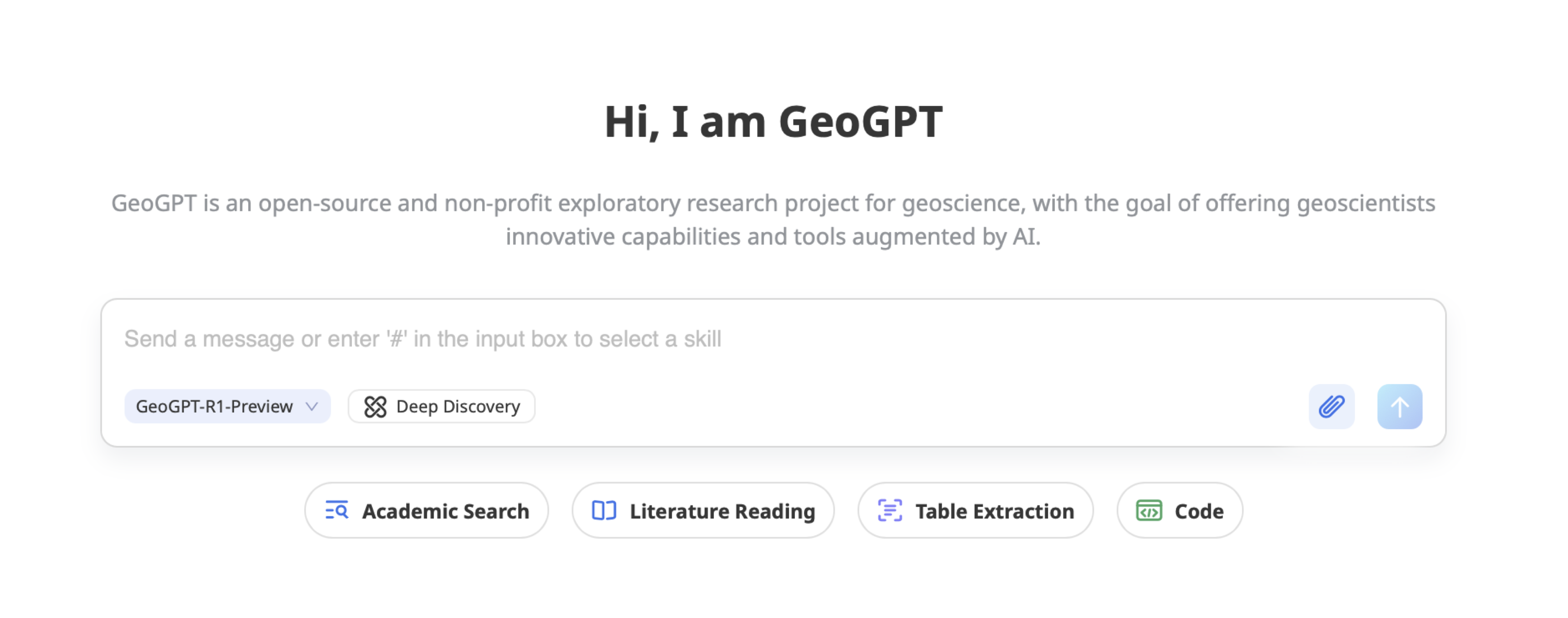 GeoGPT chat page showing Deep Discovery, academic search, literature reading, table extraction, and code tools