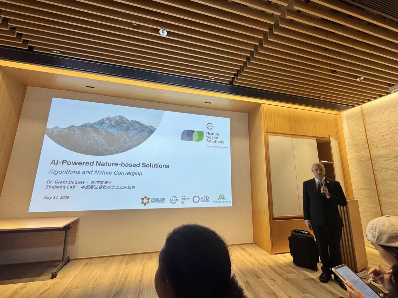 Grant Boquet giving an AI-powered nature-based solutions lecture in Hong Kong